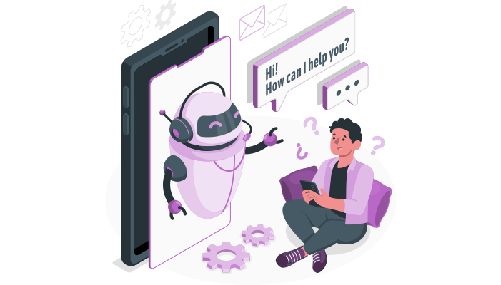 Das Bild zeigt einen Chatbot, der mit einem Menschen kommuniziert