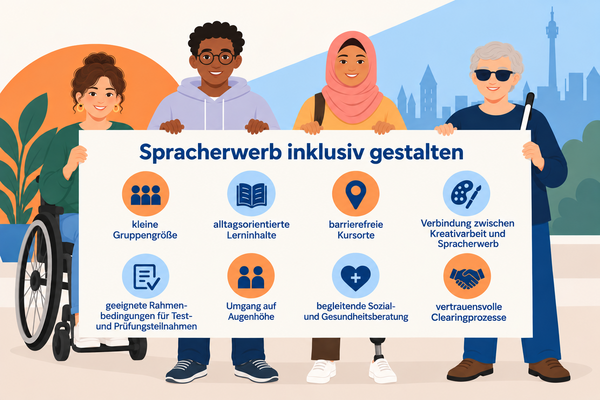 Illustration „Spracherwerb inklusiv gestalten“. Vier unterschiedlich dargestellte Menschen halten ein großes Plakat. Darauf sind acht Aspekte aufgeführt: kleine Gruppengröße, alltagsorientierte Lerninhalte, barrierefreie Kursorte, Verbindung zwischen Kreativarbeit und Spracherwerb, geeignete Rahmenbedingungen für Test- und Prüfungsteilnahmen, Umgang auf Augenhöhe, begleitende Sozial- und Gesundheitsberatung sowie vertrauensvolle Clearingprozesse.